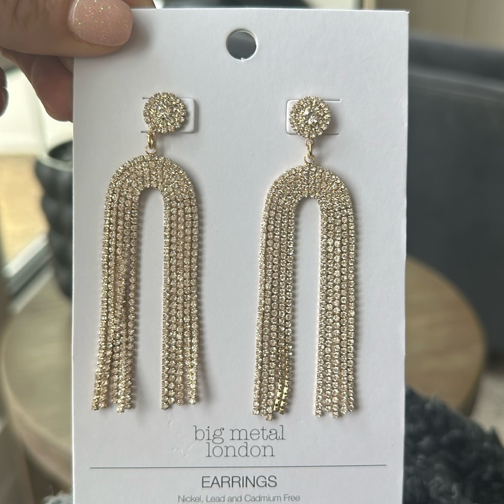 Big Metal London Gold/Diamond Fringe Earrings NWT